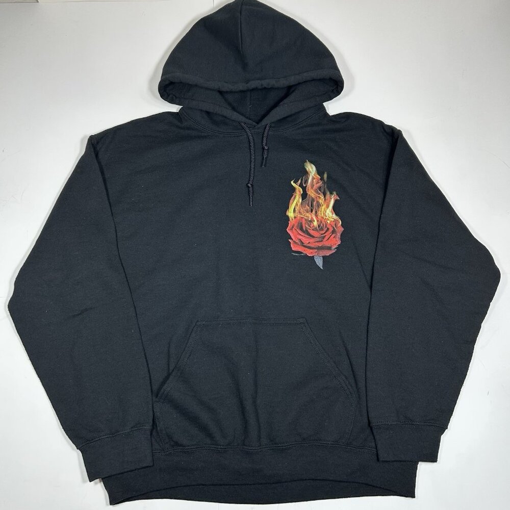 Gildan Men Heavy Blend Black TRIANGLE ROSE FLAME PRINT HOODIE Fleece Pocket Sz M